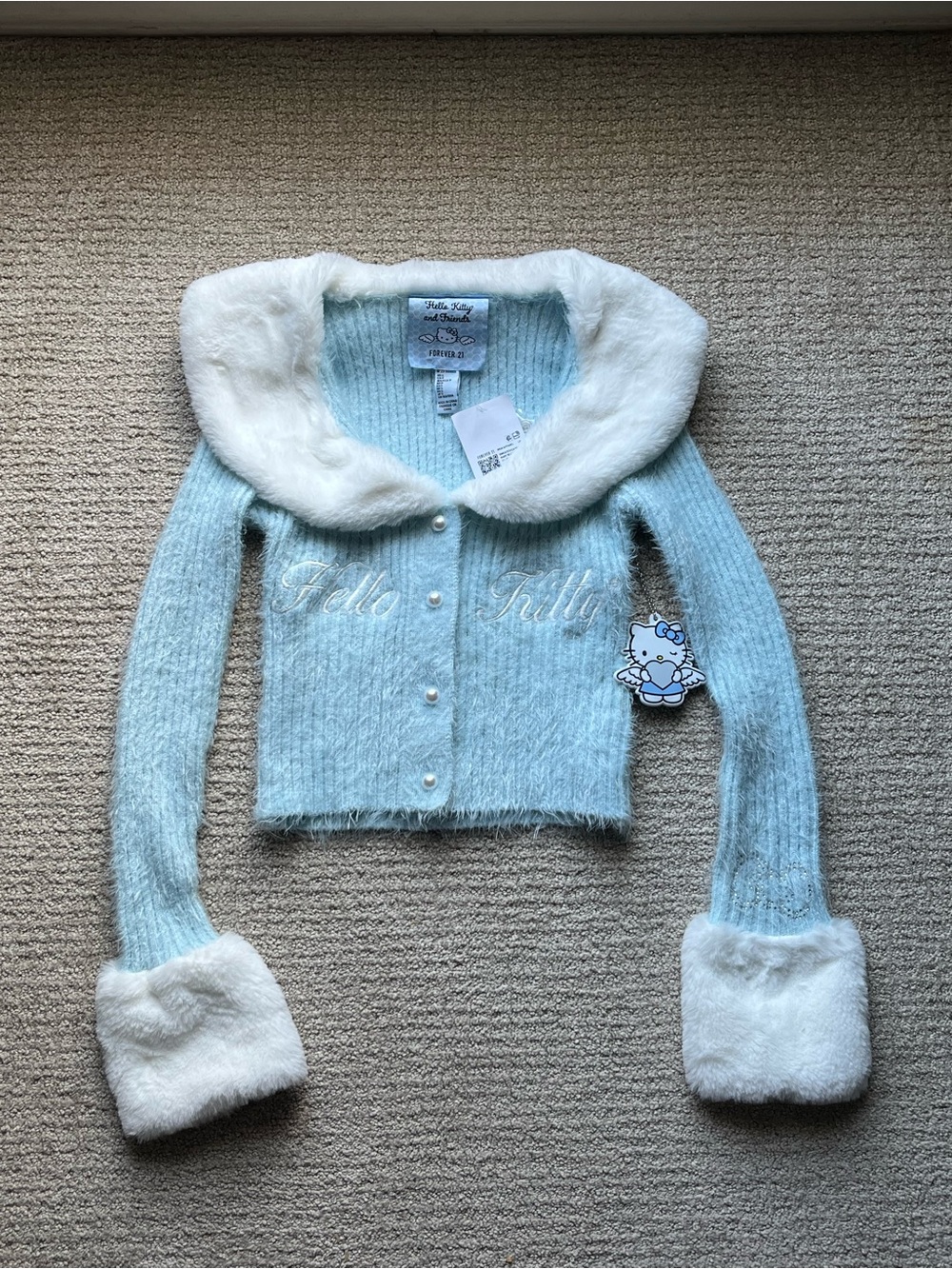 NWT Forever 21 x Hello Kitty Faux Fur Cardigan Sweater S